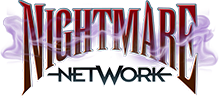 Nightmare Network logo: jagged red-to-black gothic 'Nightmare' lettering with white outlines and purple mist above the word 'Network'