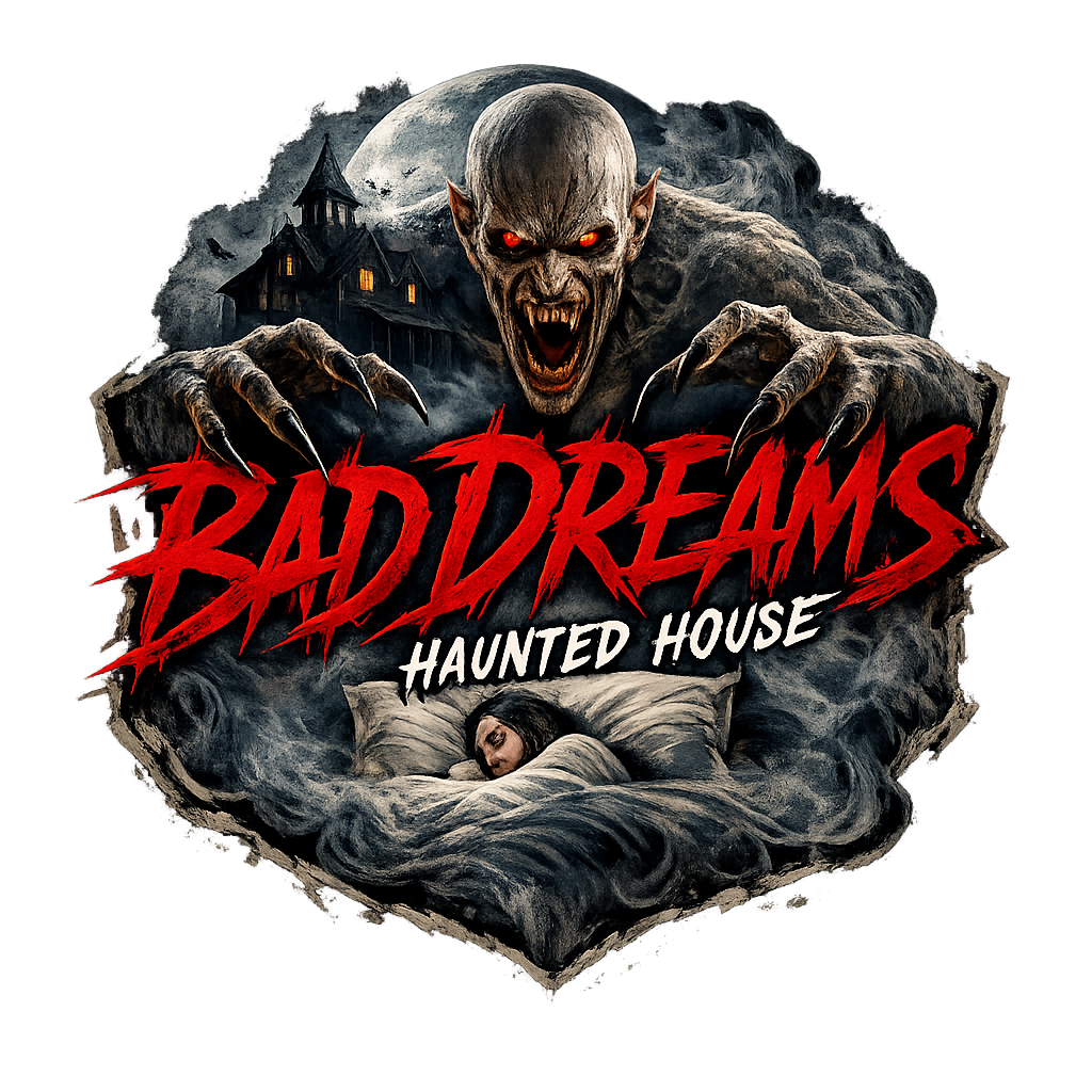 Bad Dreams Haunted House logo — a vampire creature clawing out of a torn nightmare above a sleeping figure
